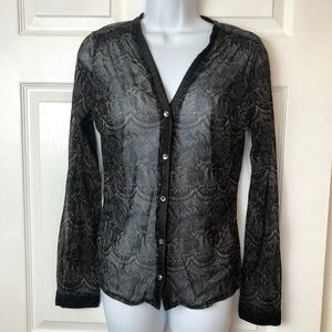 Black INC Sheer Floral Print Top with Jeweled Buttons